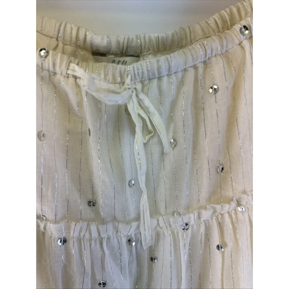 J Jill Tiered Maxi Skirt Sequins Ivory Drawstring Whimsey Cottage Fairy Petite M